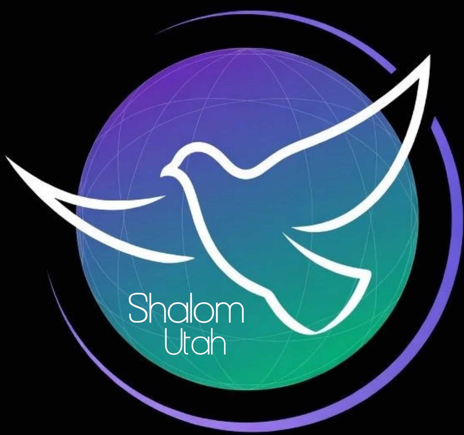 A white dove silhouette on a globe with "Shalom Utah" text.